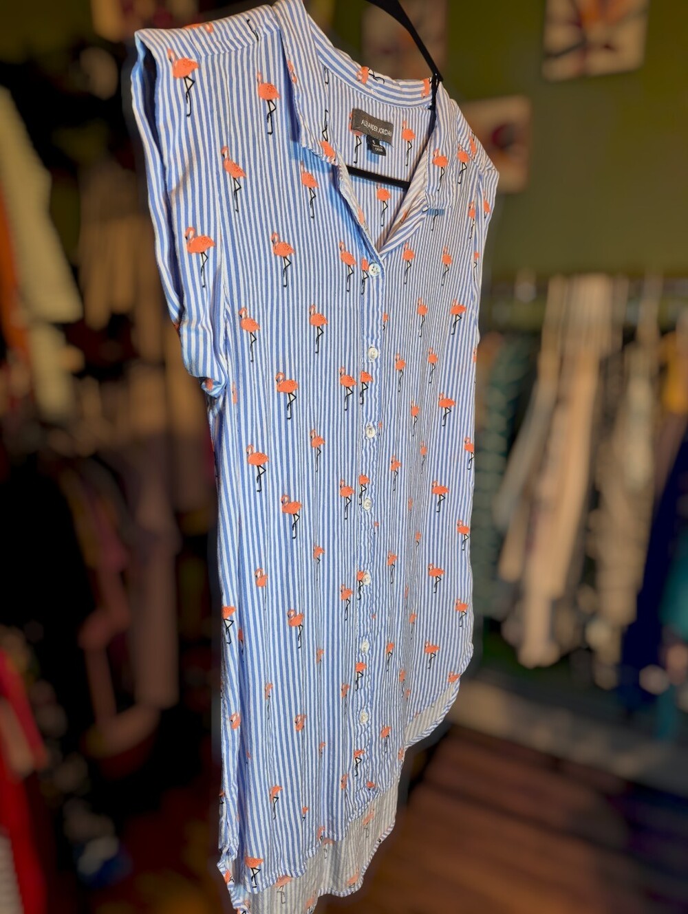Blue Striped Sleeveless Button-Down Shirt with Pink Flamingo Print - Picture 5 of 6
